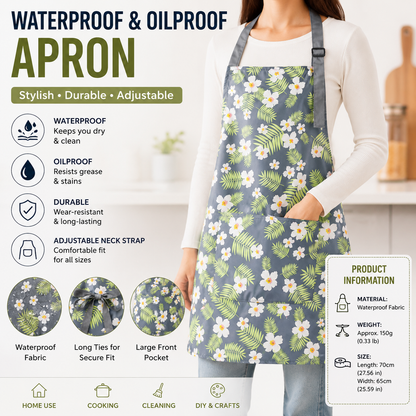 Green grass and small white flower pattern Waterproof Kitchen Apron - Oil Resistant Fabric with Adjustable Neck Strap, Large Front Pocket, 70cm Length, for Cooking and Home Cleaning