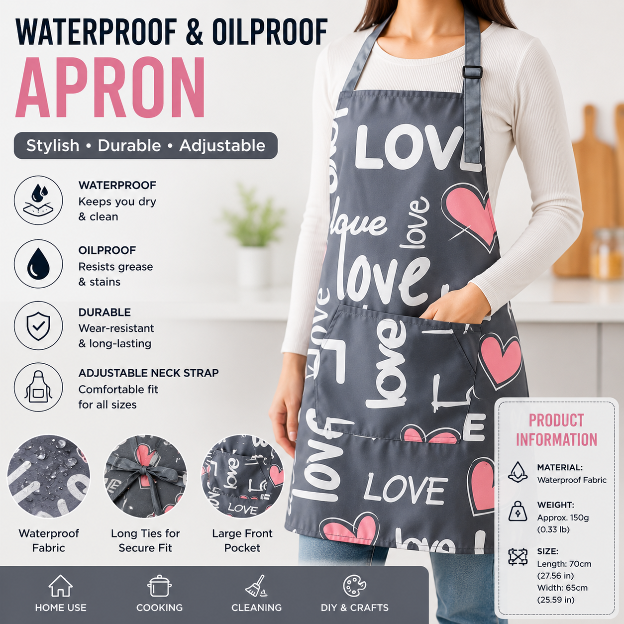 "LOVE" letter pattern Waterproof Kitchen Apron - Oil Resistant Fabric with Adjustable Neck Strap, Large Front Pocket, 70cm Length, for Cooking and Home Cleaning