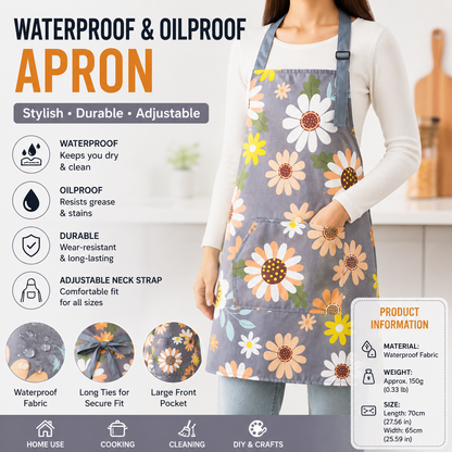 Sunflower pattern Waterproof Kitchen Apron - Oil Resistant Fabric with Adjustable Neck Strap, Large Front Pocket, 70cm Length, for Cooking and Home Cleaning