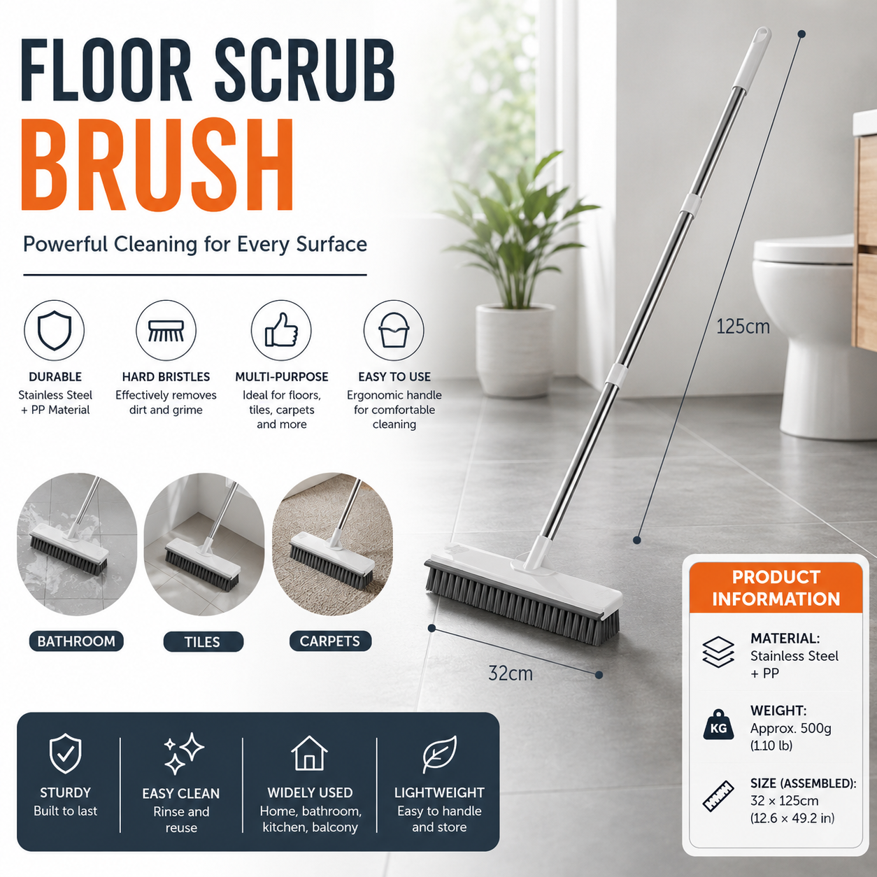 White Long Handle Floor Scrubber Brush - Stainless Steel and PP with Silicone Squeegee, 125cm Length, for Bathroom Tile Grout and Carpet Cleaning