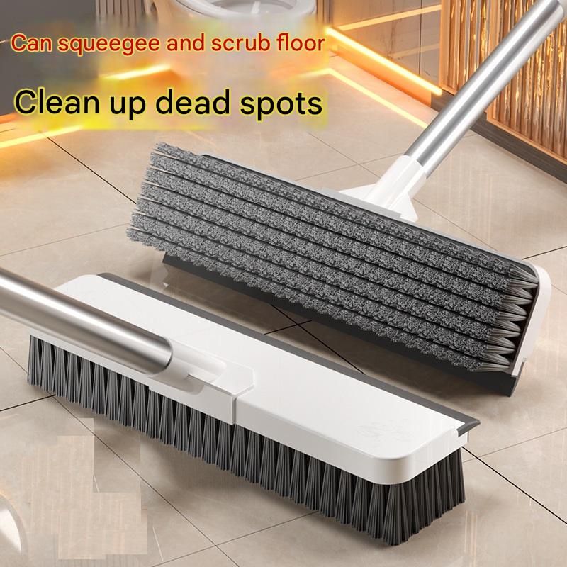 White Long Handle Floor Scrubber Brush - Stainless Steel and PP with Silicone Squeegee, 125cm Length, for Bathroom Tile Grout and Carpet Cleaning