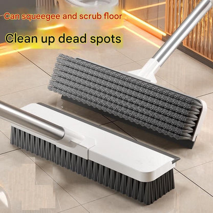 White Long Handle Floor Scrubber Brush - Stainless Steel and PP with Silicone Squeegee, 125cm Length, for Bathroom Tile Grout and Carpet Cleaning