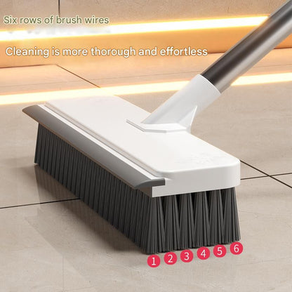 White Long Handle Floor Scrubber Brush - Stainless Steel and PP with Silicone Squeegee, 125cm Length, for Bathroom Tile Grout and Carpet Cleaning