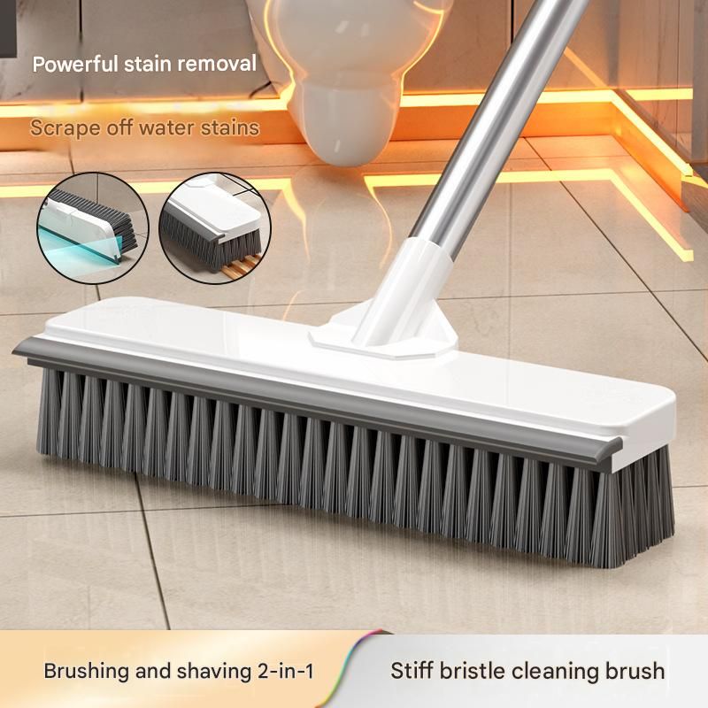 White Long Handle Floor Scrubber Brush - Stainless Steel and PP with Silicone Squeegee, 125cm Length, for Bathroom Tile Grout and Carpet Cleaning