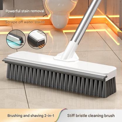 White Long Handle Floor Scrubber Brush - Stainless Steel and PP with Silicone Squeegee, 125cm Length, for Bathroom Tile Grout and Carpet Cleaning
