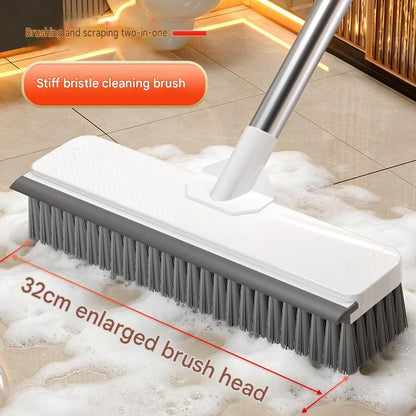 White Long Handle Floor Scrubber Brush - Stainless Steel and PP with Silicone Squeegee, 125cm Length, for Bathroom Tile Grout and Carpet Cleaning