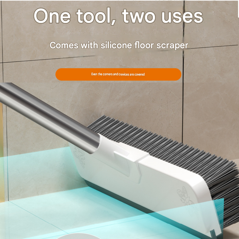 White Long Handle Floor Scrubber Brush - Stainless Steel and PP with Silicone Squeegee, 125cm Length, for Bathroom Tile Grout and Carpet Cleaning