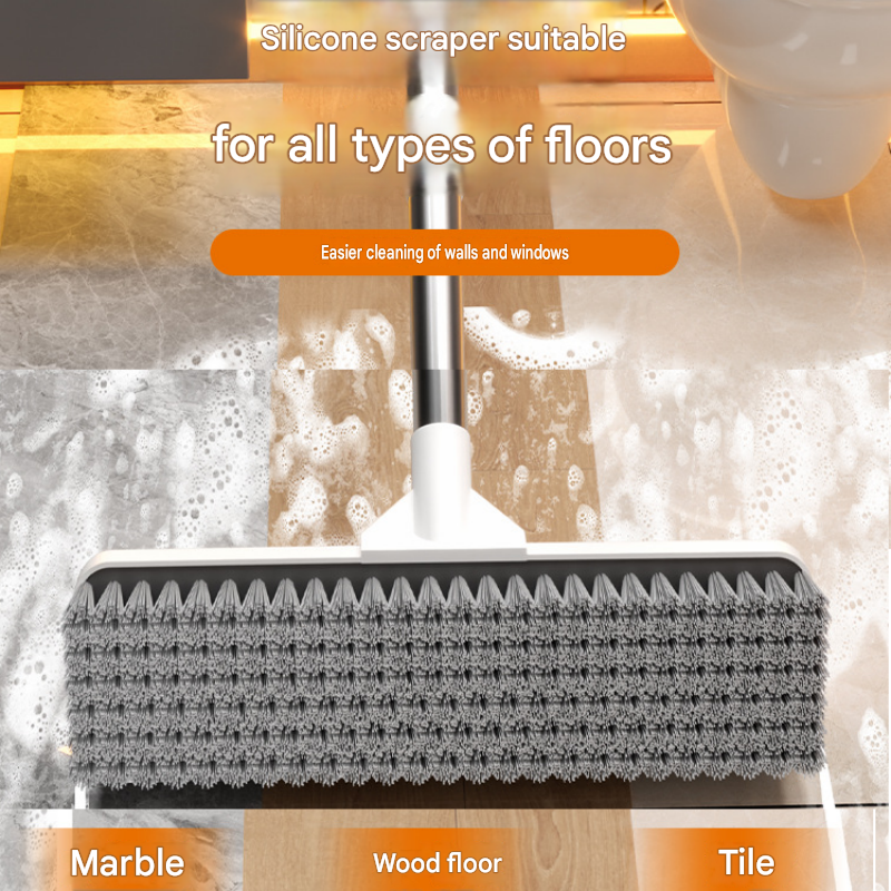 White Long Handle Floor Scrubber Brush - Stainless Steel and PP with Silicone Squeegee, 125cm Length, for Bathroom Tile Grout and Carpet Cleaning