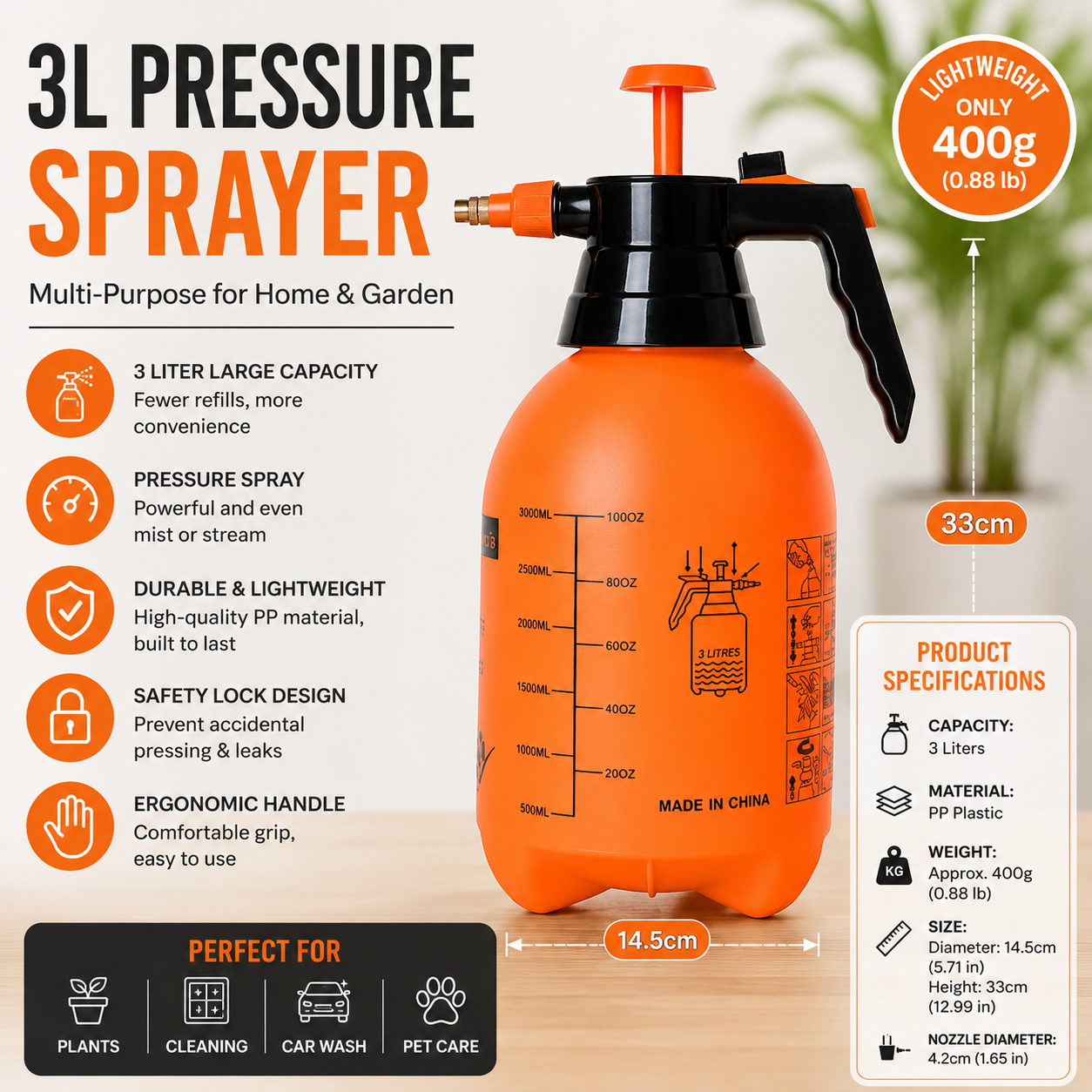 3L Orange Pressure Sprayer - PP Plastic Garden Watering Can with Adjustable Brass Nozzle, Hand Pump for Plants and Home Cleaning