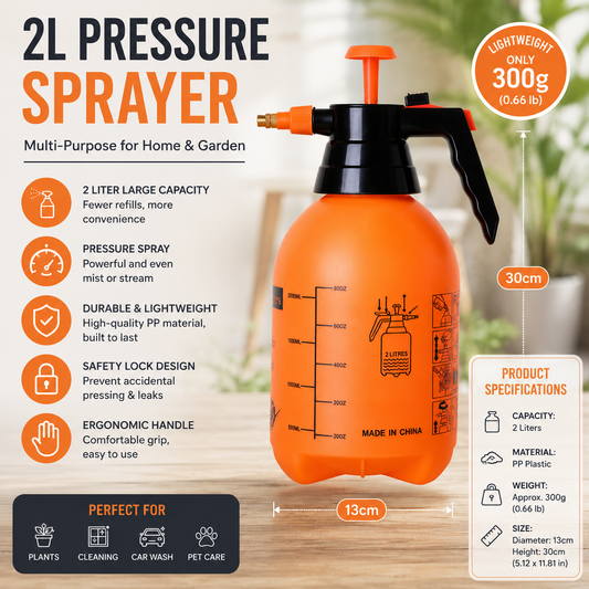 2L Orange Pressure Sprayer - PP Plastic Garden Watering Can with Adjustable Brass Nozzle, Hand Pump for Plants and Home Cleaning