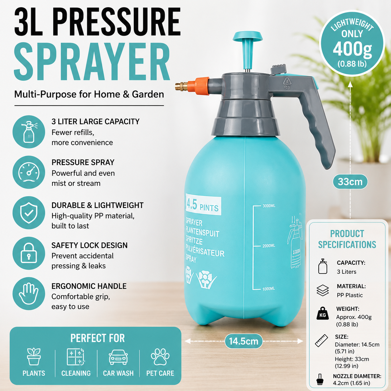 3L Blue Pressure Sprayer - PP Plastic Garden Watering Can with Adjustable Brass Nozzle, Hand Pump for Plants and Home Cleaning