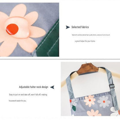 Home Closed Room Dust Cleaning Essentials Bundle - Chrysanthemum pattern Waterproof Apron, White Long Handle Floor Scrubber Brush,Orange 3L Pressure Sprayer - Multi Purpose Household Kit for Kitchen, Bathroom and Garden Care