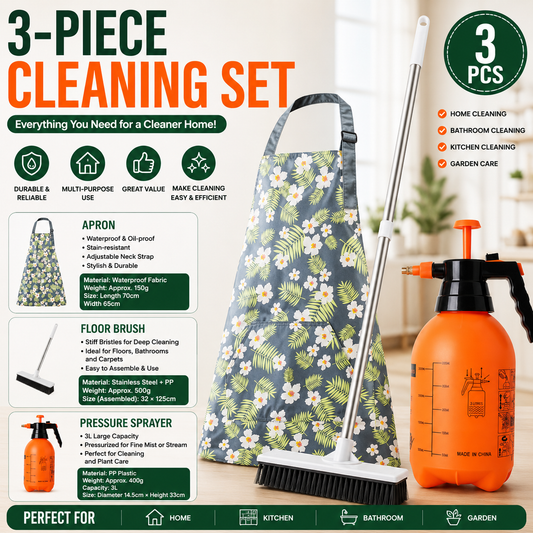 Home Closed Room Dust Cleaning Essentials Bundle - Green grass and small white flower pattern Waterproof Apron, White Long Handle Floor Scrubber Brush,Orange 3L Pressure Sprayer - Multi Purpose Household Kit for Kitchen, Bathroom and Garden Care