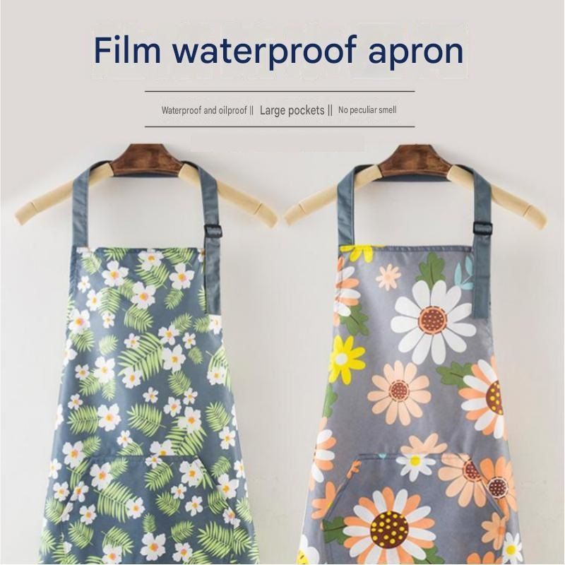 Home Closed Room Dust Cleaning Essentials Bundle - Green grass and small white flower pattern Waterproof Apron, White Long Handle Floor Scrubber Brush,Orange 3L Pressure Sprayer - Multi Purpose Household Kit for Kitchen, Bathroom and Garden Care