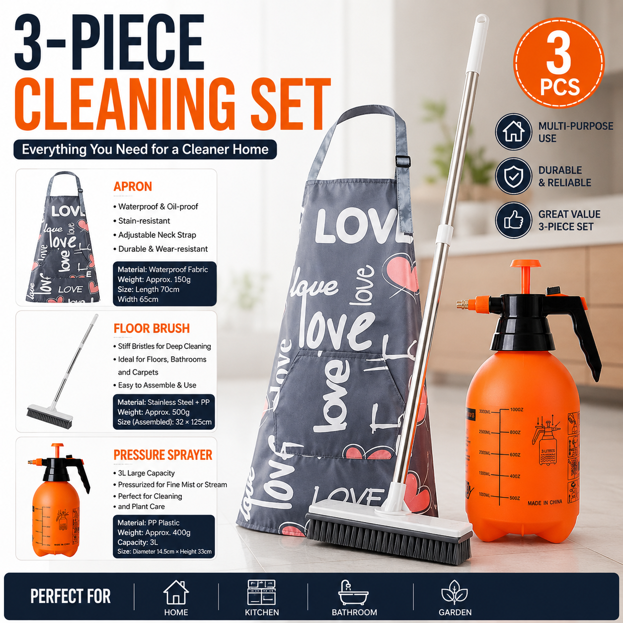 Home Closed Room Dust Cleaning Essentials Bundle - "LOVE" letter pattern Waterproof Apron, White Long Handle Floor Scrubber Brush,Orange 3L Pressure Sprayer - Multi Purpose Household Kit for Kitchen, Bathroom and Garden Care