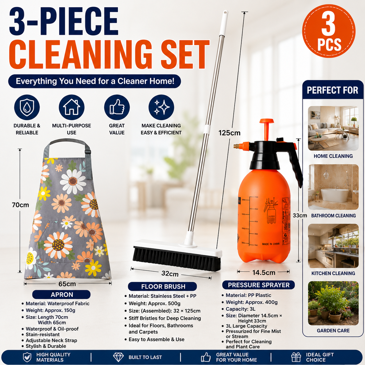 Home Closed Room Dust Cleaning Essentials Bundle - Sunflower pattern Waterproof Apron, White Long Handle Floor Scrubber Brush,Orange 3L Pressure Sprayer - Multi Purpose Household Kit for Kitchen, Bathroom and Garden Care