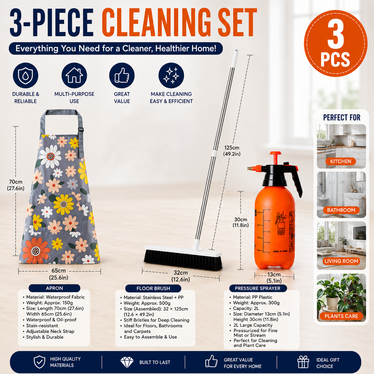 Home Closed Room Dust Cleaning Essentials Bundle - Chrysanthemum pattern Waterproof Apron, White Long Handle Floor Scrubber Brush,Orange 2L Pressure Sprayer - Multi Purpose Household Kit for Kitchen, Bathroom and Garden Care
