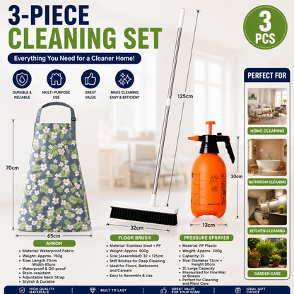 Home Closed Room Dust Cleaning Essentials Bundle - Green grass and small white flower pattern Waterproof Apron, White Long Handle Floor Scrubber Brush,Orange 2L Pressure Sprayer - Multi Purpose Household Kit for Kitchen, Bathroom and Garden Care