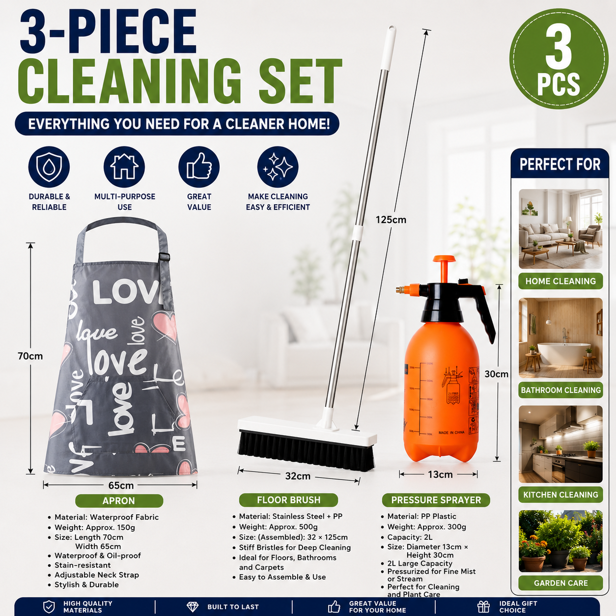 Home Closed Room Dust Cleaning Essentials Bundle - "LOVE" letter pattern Waterproof Apron, White Long Handle Floor Scrubber Brush,Orange 2L Pressure Sprayer - Multi Purpose Household Kit for Kitchen, Bathroom and Garden Care