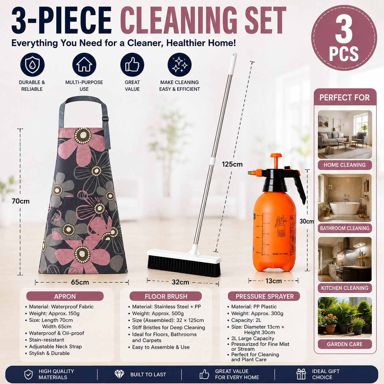 Home Closed Room Dust Cleaning Essentials Bundle - Pink floral pattern Waterproof Apron, White Long Handle Floor Scrubber Brush,Orange 2L Pressure Sprayer - Multi Purpose Household Kit for Kitchen, Bathroom and Garden Care