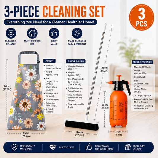 Home Closed Room Dust Cleaning Essentials Bundle - Sunflower pattern Waterproof Apron, White Long Handle Floor Scrubber Brush,Orange 2L Pressure Sprayer - Multi Purpose Household Kit for Kitchen, Bathroom and Garden Care