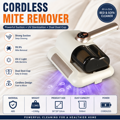 Visualized dust box White Wireless UV Mite Remover Vacuum - 10000Pa Strong Suction, High Frequency Tapping, Washable HEPA Filter, Carpet Mite Removerï¼ŒLightweight Handheld Cleaner for Bed Sofa Pet Hair