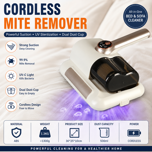 Visualized dust box White Wireless UV Mite Remover Vacuum - 10000Pa Strong Suction, High Frequency Tapping, Washable HEPA Filter, Carpet Mite Removerï¼ŒLightweight Handheld Cleaner for Bed Sofa Pet Hair