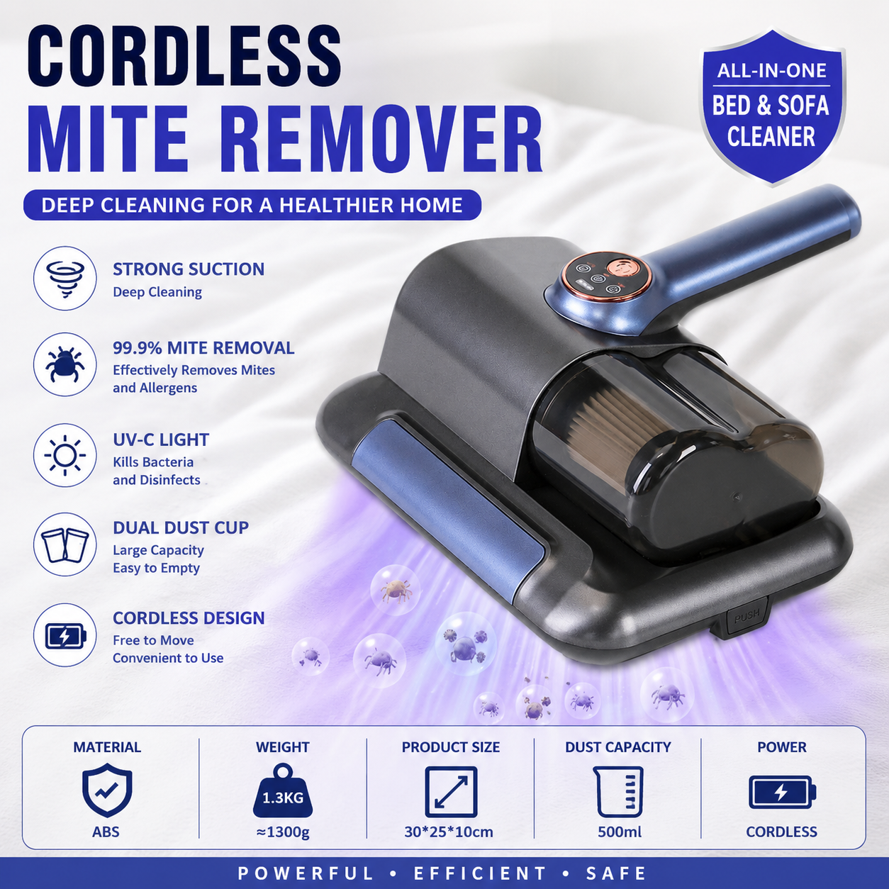 Visualized dust box Black Wireless UV Mite Remover Vacuum - 10000Pa Strong Suction, High Frequency Tapping, Washable HEPA Filter, Carpet Mite Removerï¼ŒLightweight Handheld Cleaner for Bed Sofa Pet Hair
