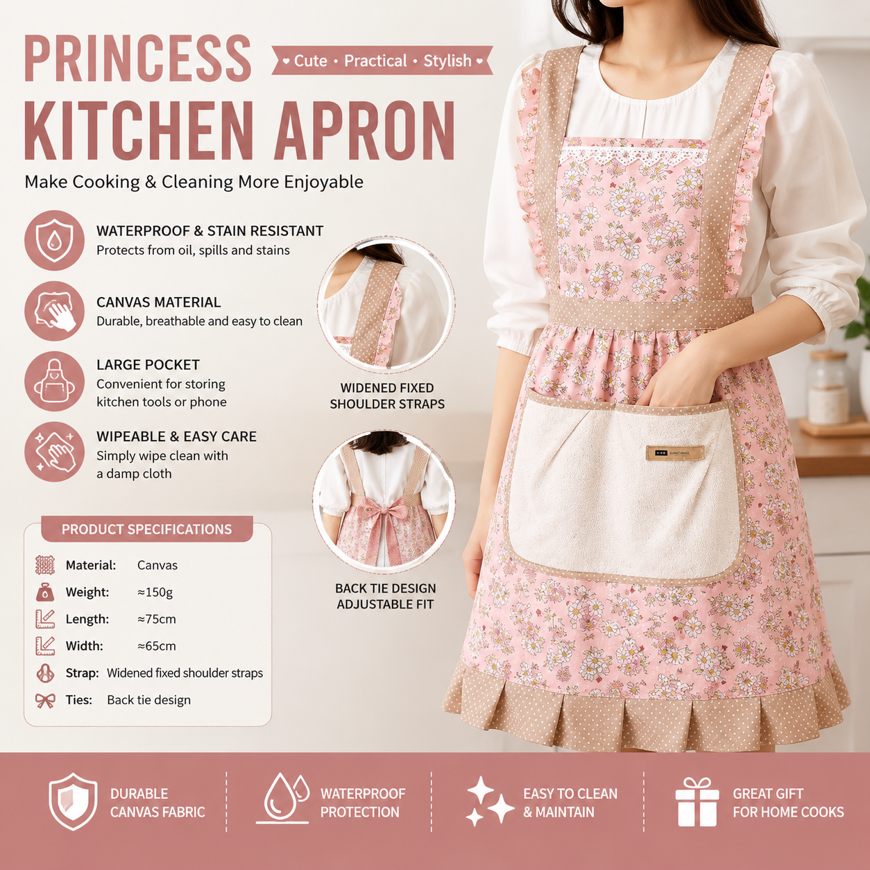 Floral Canvas Pink Kitchen Apron - Waterproof Oil-Resistant with Hand-Wipe Pocket, Adjustable Back Tie and Wide Shoulder Straps for Cooking Baking and Home Cleaning