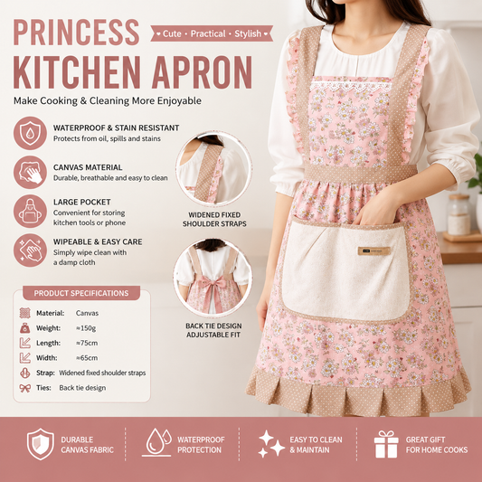 Floral Canvas Pink Kitchen Apron - Waterproof Oil-Resistant with Hand-Wipe Pocket, Adjustable Back Tie and Wide Shoulder Straps for Cooking Baking and Home Cleaning