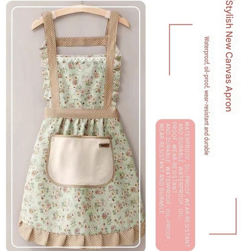 Floral Canvas Pink Kitchen Apron - Waterproof Oil-Resistant with Hand-Wipe Pocket, Adjustable Back Tie and Wide Shoulder Straps for Cooking Baking and Home Cleaning