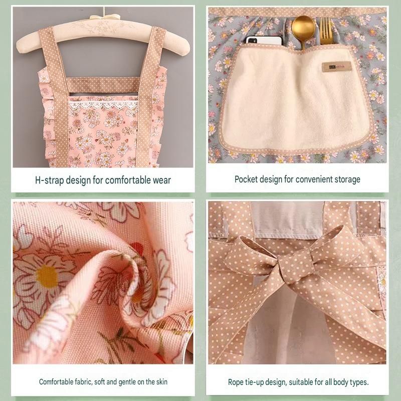 Floral Canvas Pink Kitchen Apron - Waterproof Oil-Resistant with Hand-Wipe Pocket, Adjustable Back Tie and Wide Shoulder Straps for Cooking Baking and Home Cleaning