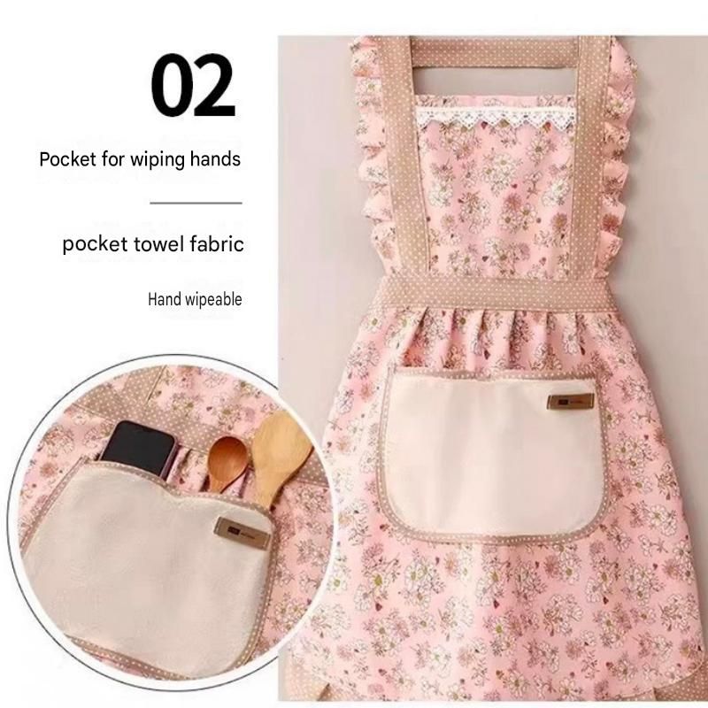 Floral Canvas Pink Kitchen Apron - Waterproof Oil-Resistant with Hand-Wipe Pocket, Adjustable Back Tie and Wide Shoulder Straps for Cooking Baking and Home Cleaning