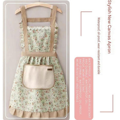 Floral Canvas Green Kitchen Apron - Waterproof Oil-Resistant with Hand-Wipe Pocket, Adjustable Back Tie and Wide Shoulder Straps for Cooking Baking and Home Cleaning