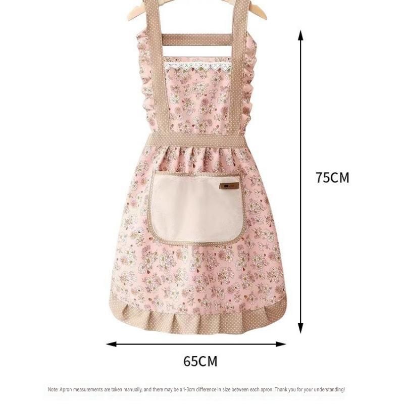 Floral Canvas Green Kitchen Apron - Waterproof Oil-Resistant with Hand-Wipe Pocket, Adjustable Back Tie and Wide Shoulder Straps for Cooking Baking and Home Cleaning