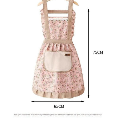 Floral Canvas Green Kitchen Apron - Waterproof Oil-Resistant with Hand-Wipe Pocket, Adjustable Back Tie and Wide Shoulder Straps for Cooking Baking and Home Cleaning