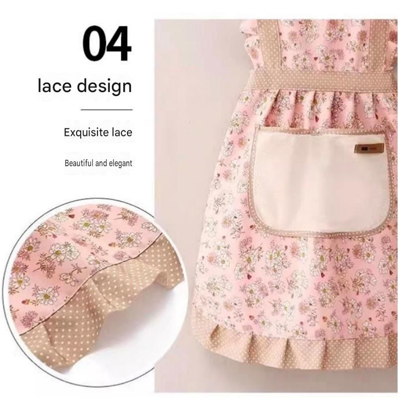 Floral Canvas Green Kitchen Apron - Waterproof Oil-Resistant with Hand-Wipe Pocket, Adjustable Back Tie and Wide Shoulder Straps for Cooking Baking and Home Cleaning