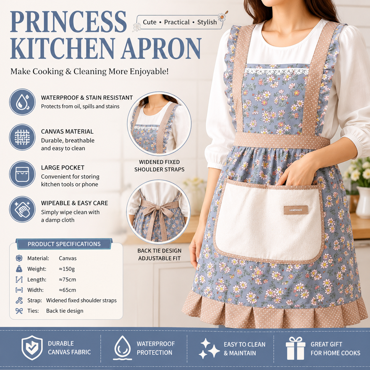 Floral Canvas Blue Kitchen Apron - Waterproof Oil-Resistant with Hand-Wipe Pocket, Adjustable Back Tie and Wide Shoulder Straps for Cooking Baking and Home Cleaning