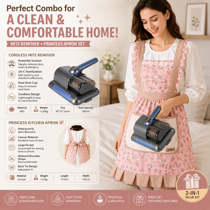 Home Clean Essential 2-piece set -Black Wireless UV Mite Remover Vacuum and Floral Pink Canvas Apron Bundle - 8000rpm Tapping, Washable HEPA Filter, Waterproof Kitchen Bib with Hand Wipe Pocket for Home  and Cooking