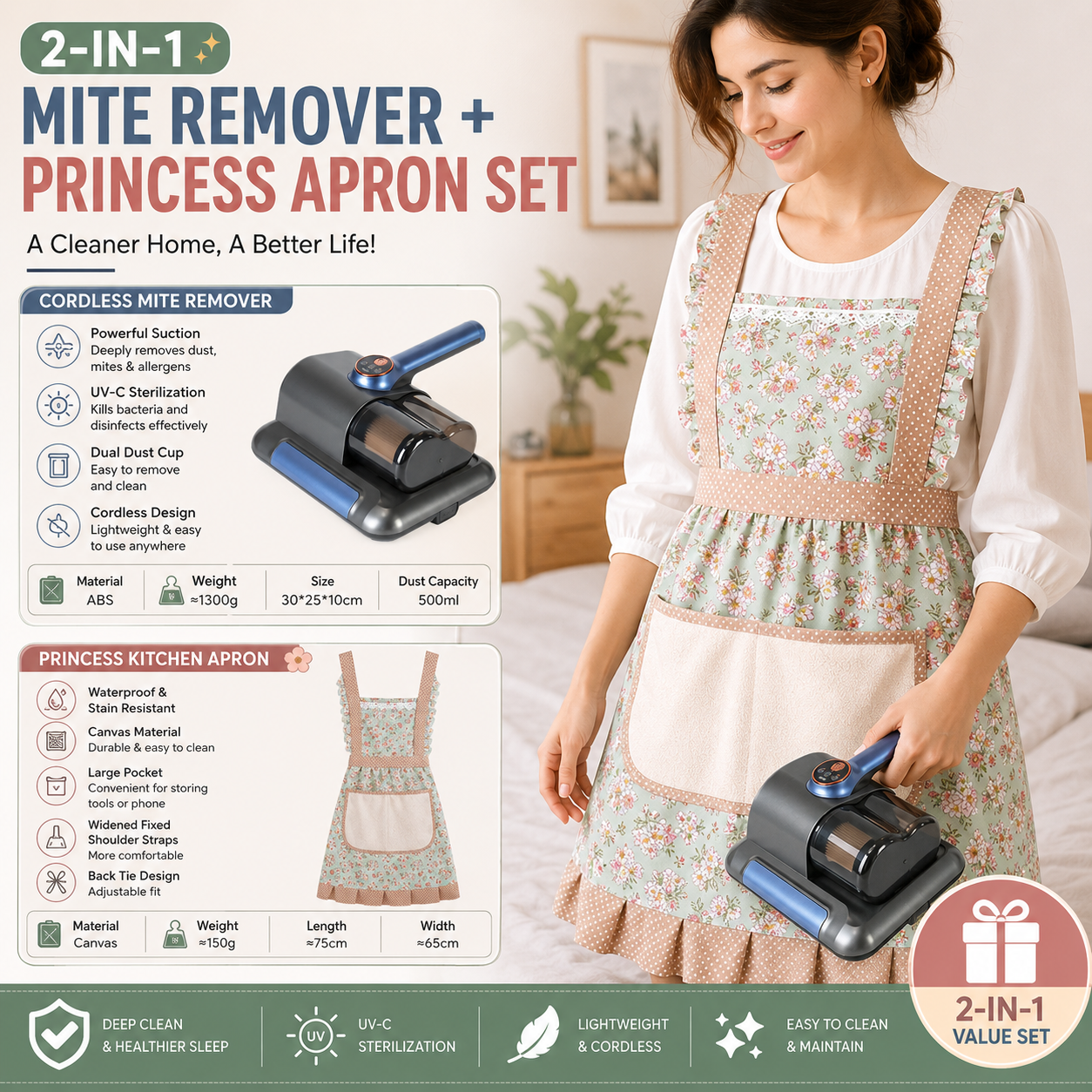 Home Clean Essential 2-piece set -Black Wireless UV Mite Remover Vacuum and Floral Green Canvas Apron Bundle - 8000rpm Tapping, Washable HEPA Filter, Waterproof Kitchen Bib with Hand Wipe Pocket for Home  and Cooking