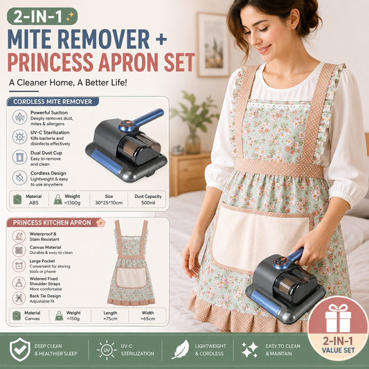 Home Clean Essential 2-piece set -Black Wireless UV Mite Remover Vacuum and Floral Green Canvas Apron Bundle - 8000rpm Tapping, Washable HEPA Filter, Waterproof Kitchen Bib with Hand Wipe Pocket for Home  and Cooking