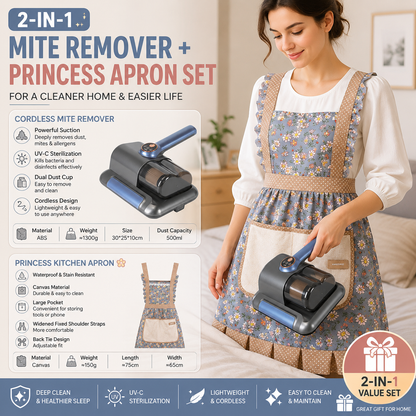 Home Clean Essential 2-piece set -Black Wireless UV Mite Remover Vacuum and Floral Blue Canvas Apron Bundle - 8000rpm Tapping, Washable HEPA Filter, Waterproof Kitchen Bib with Hand Wipe Pocket for Home  and Cooking