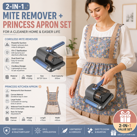 Home Clean Essential 2-piece set -Black Wireless UV Mite Remover Vacuum and Floral Blue Canvas Apron Bundle - 8000rpm Tapping, Washable HEPA Filter, Waterproof Kitchen Bib with Hand Wipe Pocket for Home  and Cooking
