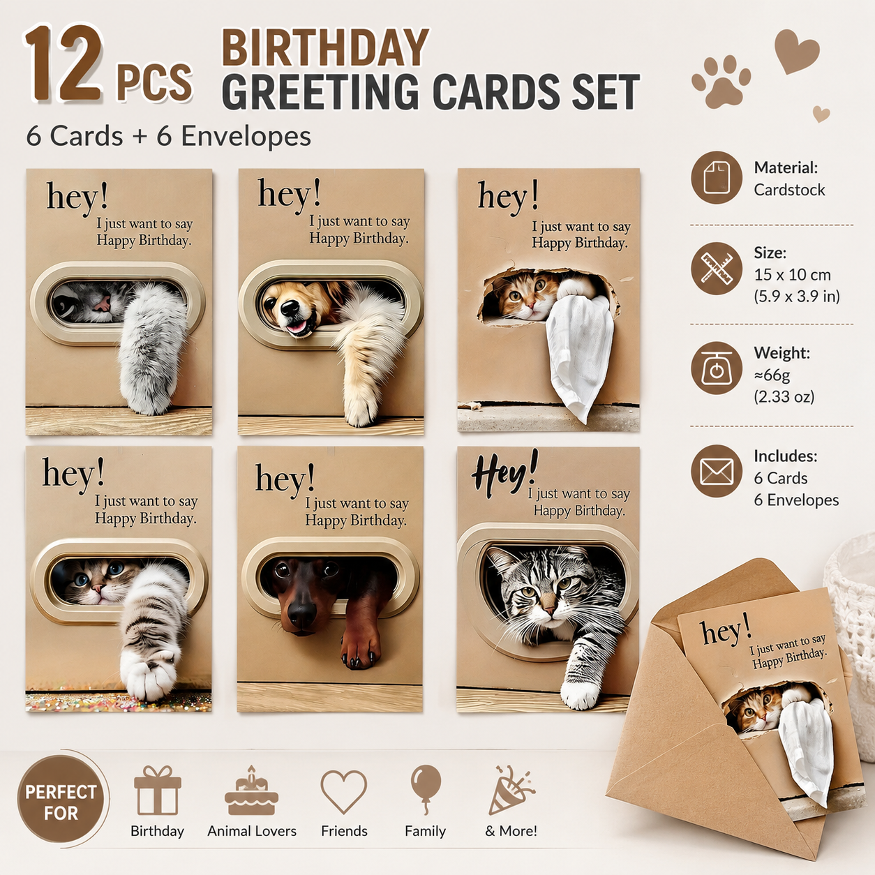 Cute Cat and Dog Birthday Card Set - 6 Assorted Greeting Cards with Envelopes, Funny Animal Design for Friends Family Pet Lovers Gift Ready