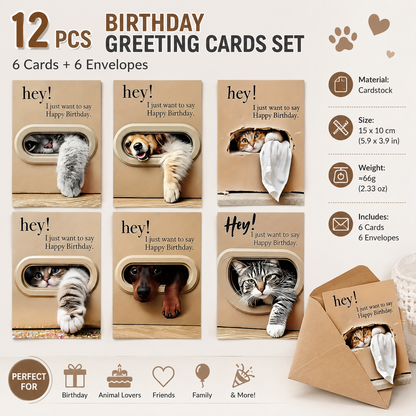 Cute Cat and Dog Birthday Card Set - 6 Assorted Greeting Cards with Envelopes, Funny Animal Design for Friends Family Pet Lovers Gift Ready