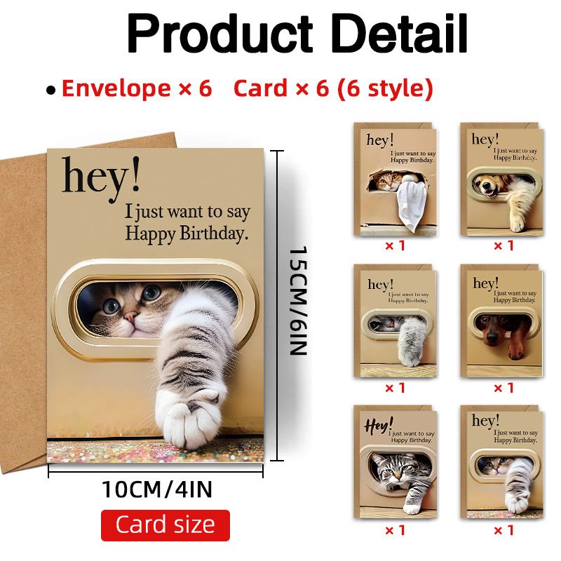 Cute Cat and Dog Birthday Card Set - 6 Assorted Greeting Cards with Envelopes, Funny Animal Design for Friends Family Pet Lovers Gift Ready