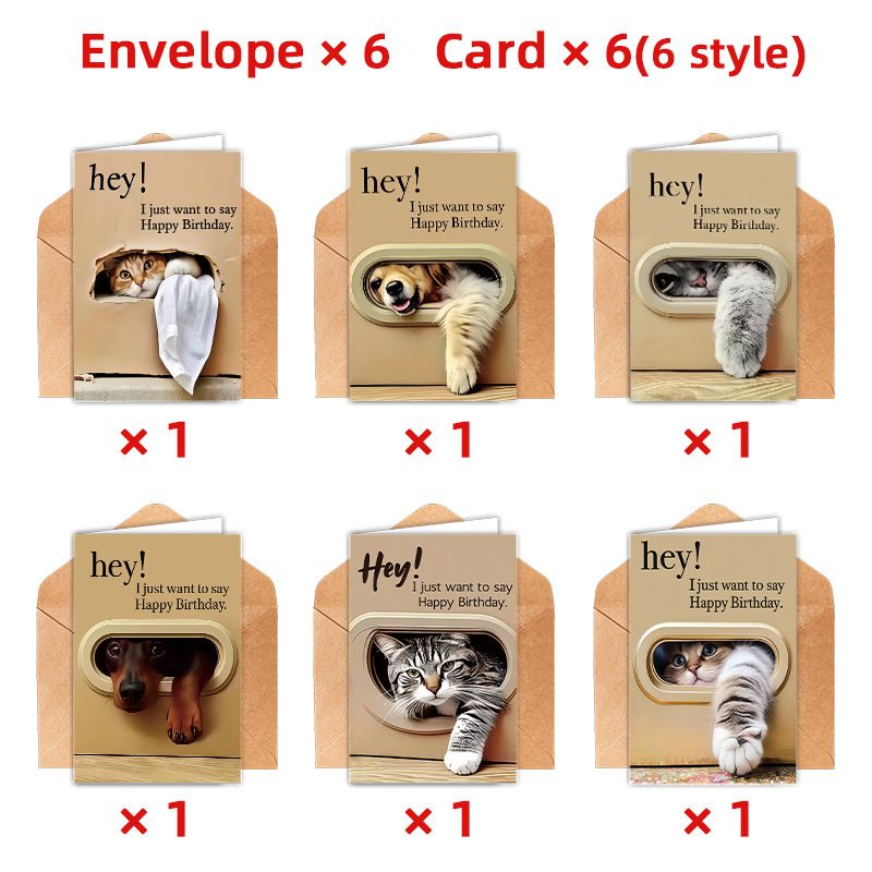 Cute Cat and Dog Birthday Card Set - 6 Assorted Greeting Cards with Envelopes, Funny Animal Design for Friends Family Pet Lovers Gift Ready