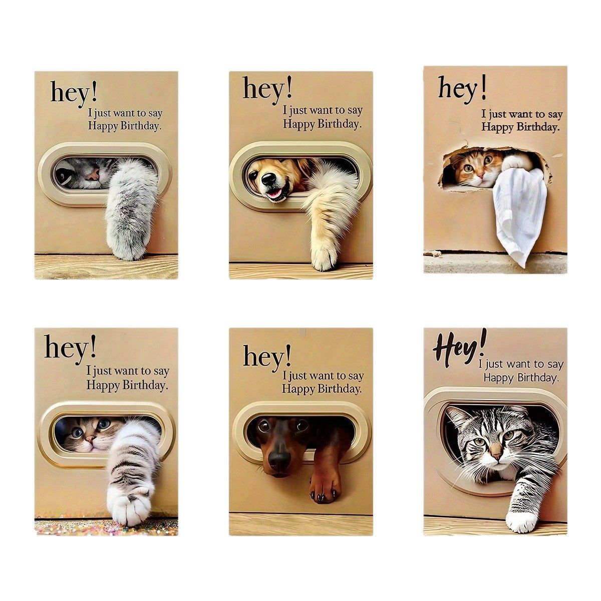 Cute Cat and Dog Birthday Card Set - 6 Assorted Greeting Cards with Envelopes, Funny Animal Design for Friends Family Pet Lovers Gift Ready