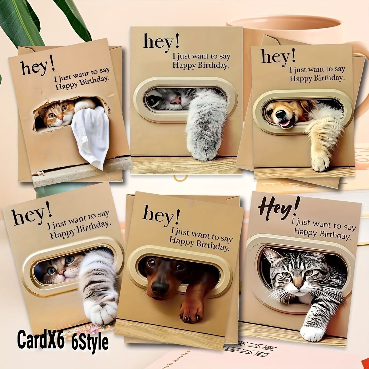 Cute Cat and Dog Birthday Card Set - 6 Assorted Greeting Cards with Envelopes, Funny Animal Design for Friends Family Pet Lovers Gift Ready