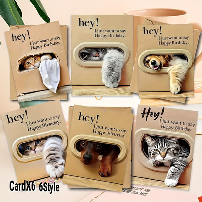 Cute Cat and Dog Birthday Card Set - 6 Assorted Greeting Cards with Envelopes, Funny Animal Design for Friends Family Pet Lovers Gift Ready